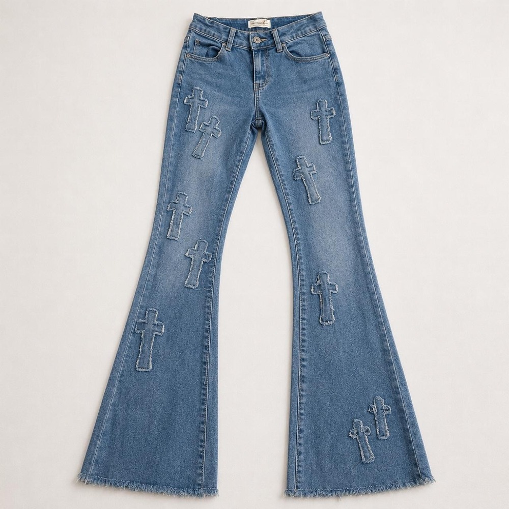 Bambo Cross Appliqué Flare Jeans Y2K Raw Hem Denim